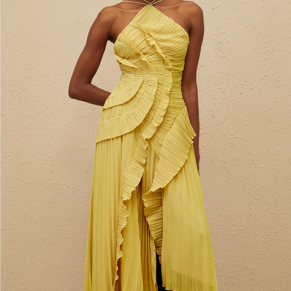 Cocktail Yellow Ruffled Midi Dress